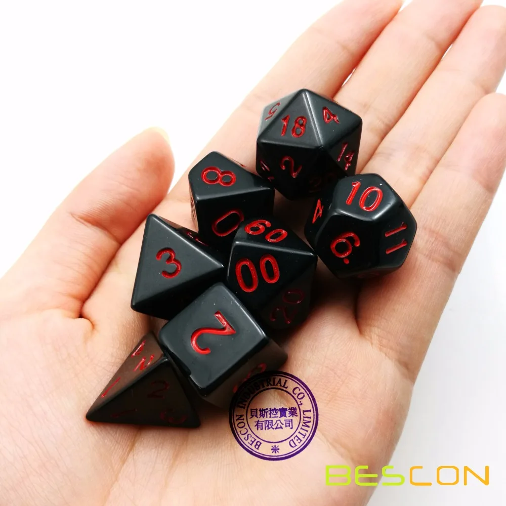 Bescon Polyhedral Dice Set Opaque Black with Red Numbers, Black RPG Dice Set of 7 d4 d6 d8 d10 d12 d20 d% Brick Box Pack 2