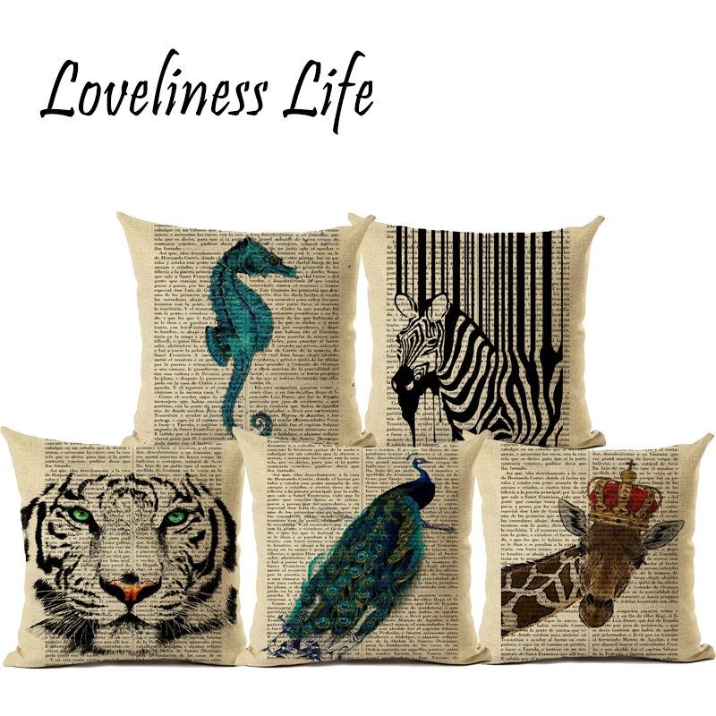 Cushion Cover Animal Collection Book Page Linen Cotton 45*45CM Square Decor Home Throw Pillow Case 1 Side Print Almofadas Cojine | Дом и сад