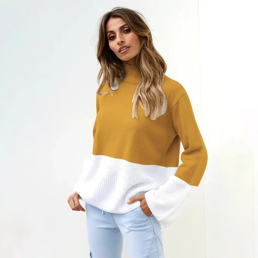 Hot Turtleneck Block Patchwork Sweater Coats Women Casual