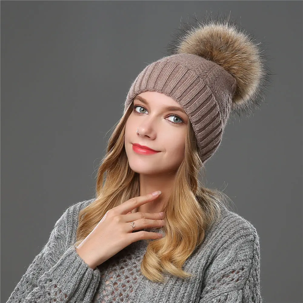Beanie Women Winter Hat Warm Wool Knit Cap Raccoon Pom Pom Headwear Soft Autumn Casual Outdoor Ski Skullies Snow Accessory (11)