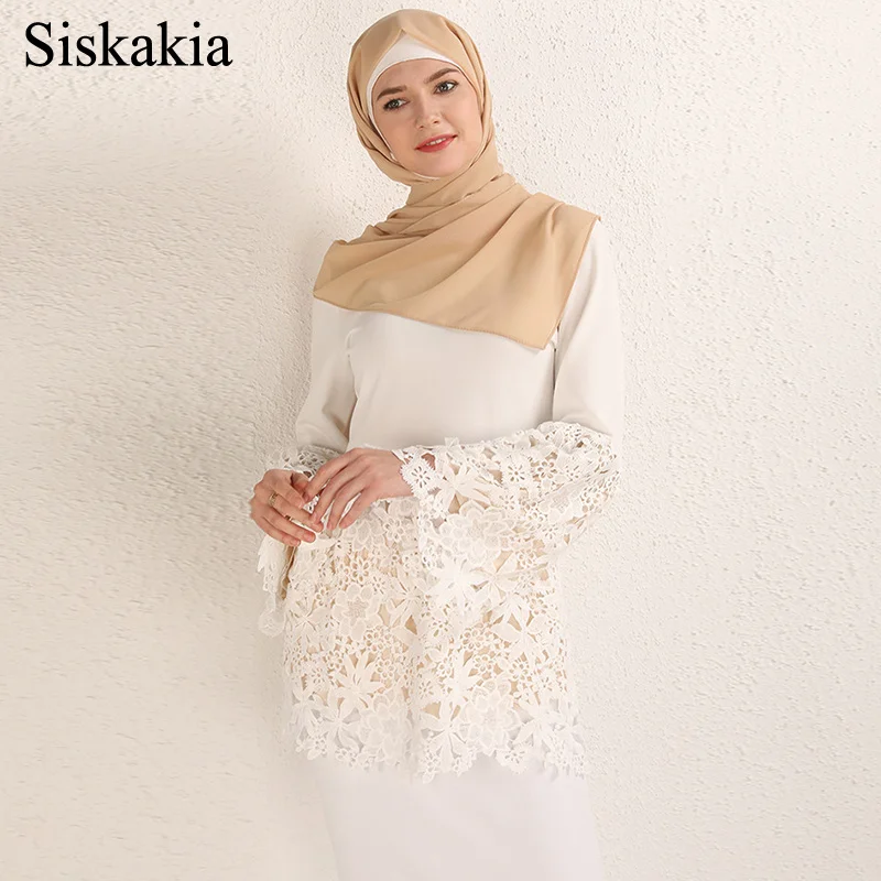 

Siskakia Women Tops O-Neck Long Sleeve Fashion Lace Hollow Cut Patchwork Zipper Back 2019 New Ramadan Turkish Dubai Muslim Top
