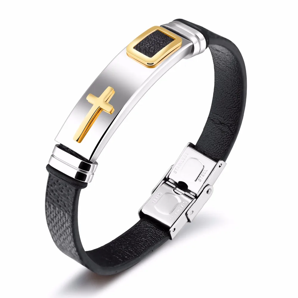 Fate Love Trendy Stainless Steel Cross Bracelets Man Wrist Jewelry Black/Brown Color Leather 185mm Charm Chain Bracelets FL1156
