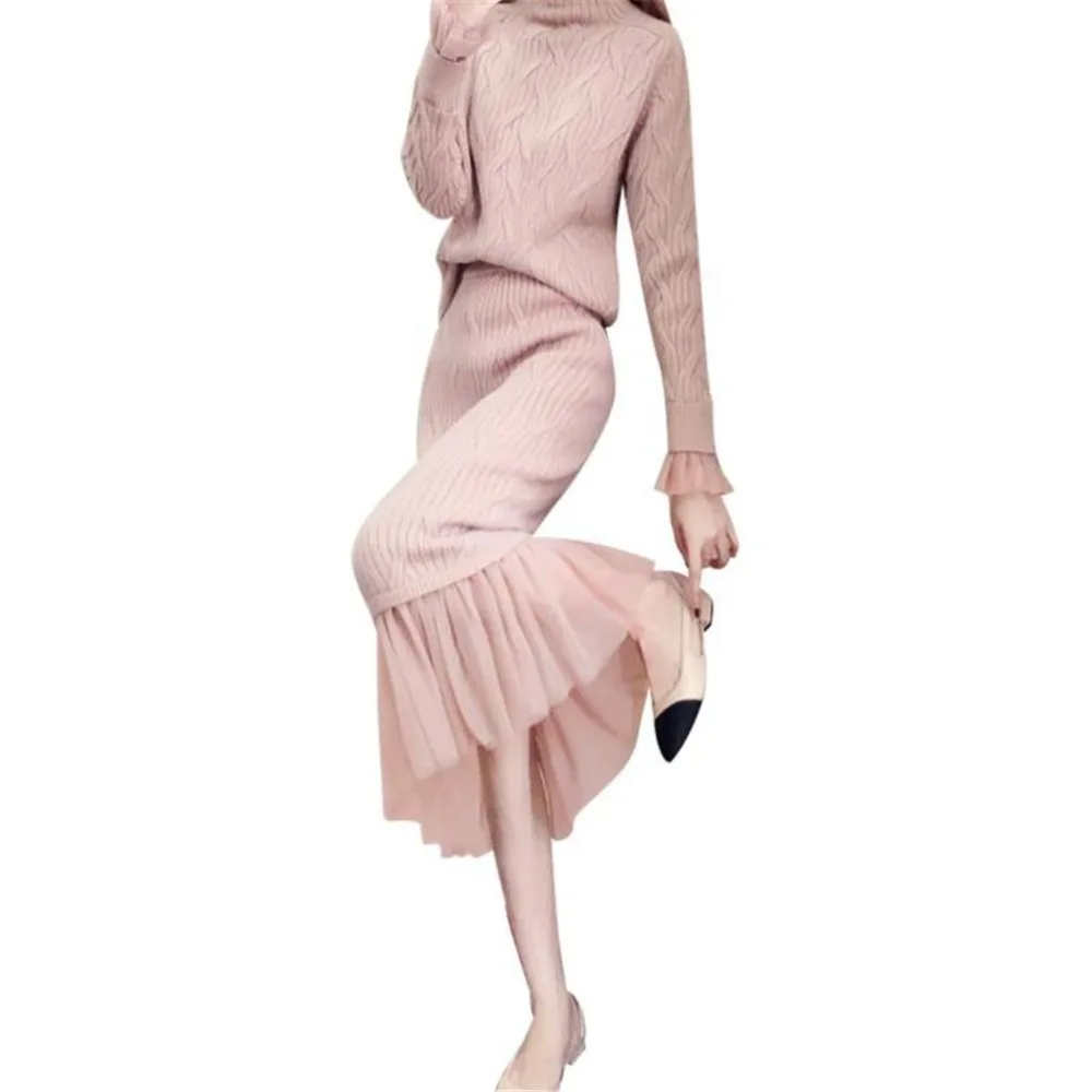

Women 2019 Spring Autumn Solid Knitted Suits Female Turtleneck Pullover Sweater Tops+Mesh Stitching Knit Skirt 2pcs Sets V722