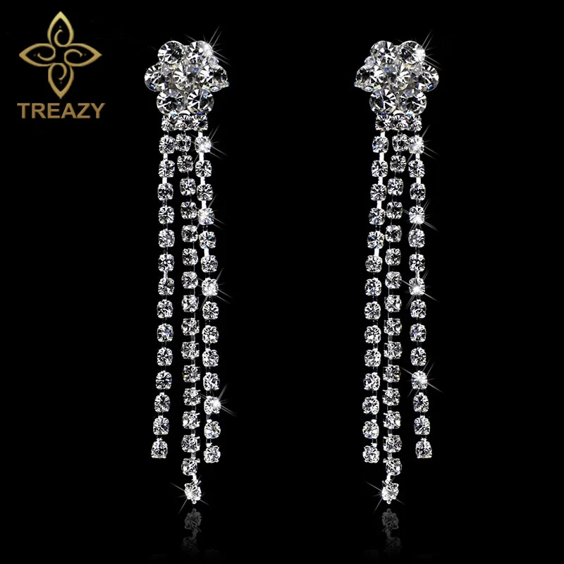 

TREAZY Beautiful Bridal Flower Tassels Long Earrings Silver Color Rhinestone Crystal Dangle Earrings For Women Wedding Jewelry