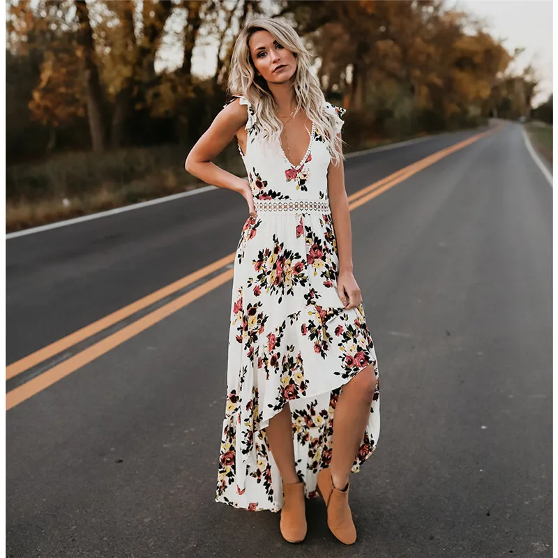 

Women Irregular Swallowtail Long Hollow Backless Sweet Print Floral Long Dress Bohemia Sundress Holiday Beach Dresses Summ