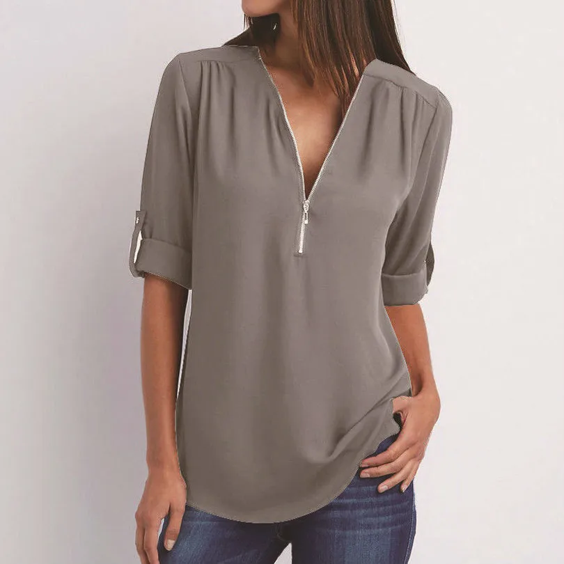 Gasa más el tamaño S-5XL Womens Casual v-cuello cremallera túnica Tops verano 2018 blusas de la manera de las mujeres Ropa Mujer
