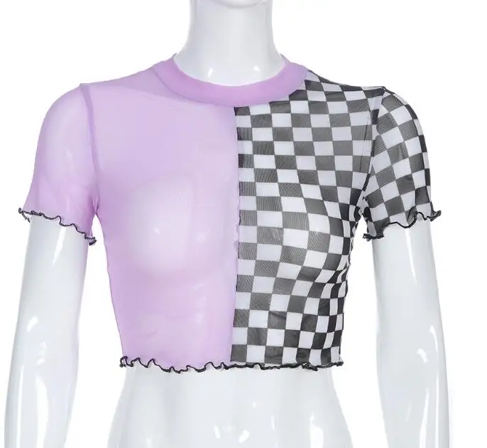 

New women's color contrast checkerboard grid stitching mesh breathable round neck exposed navel short T-shirt