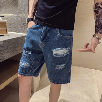 

Summer New Japanese Retro Literary Style Teen Street Brokean Hole Denim Shorts Fashion Wild Mens Jeans Size S-XXL