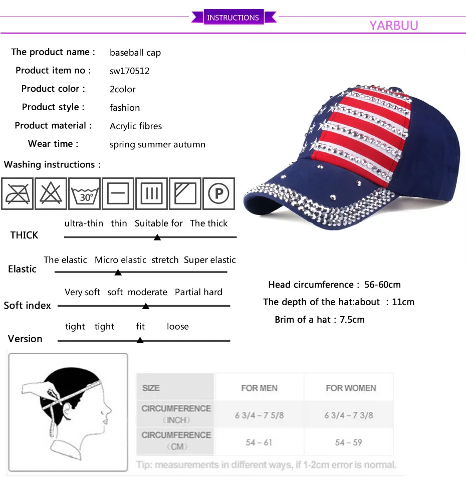[YARBUU] бейсбольные кепки с американским флагом, модная шапка для мужчин и женщин, регулируемая хлопковая кепка, стразы, звезда, джинсовая кепка