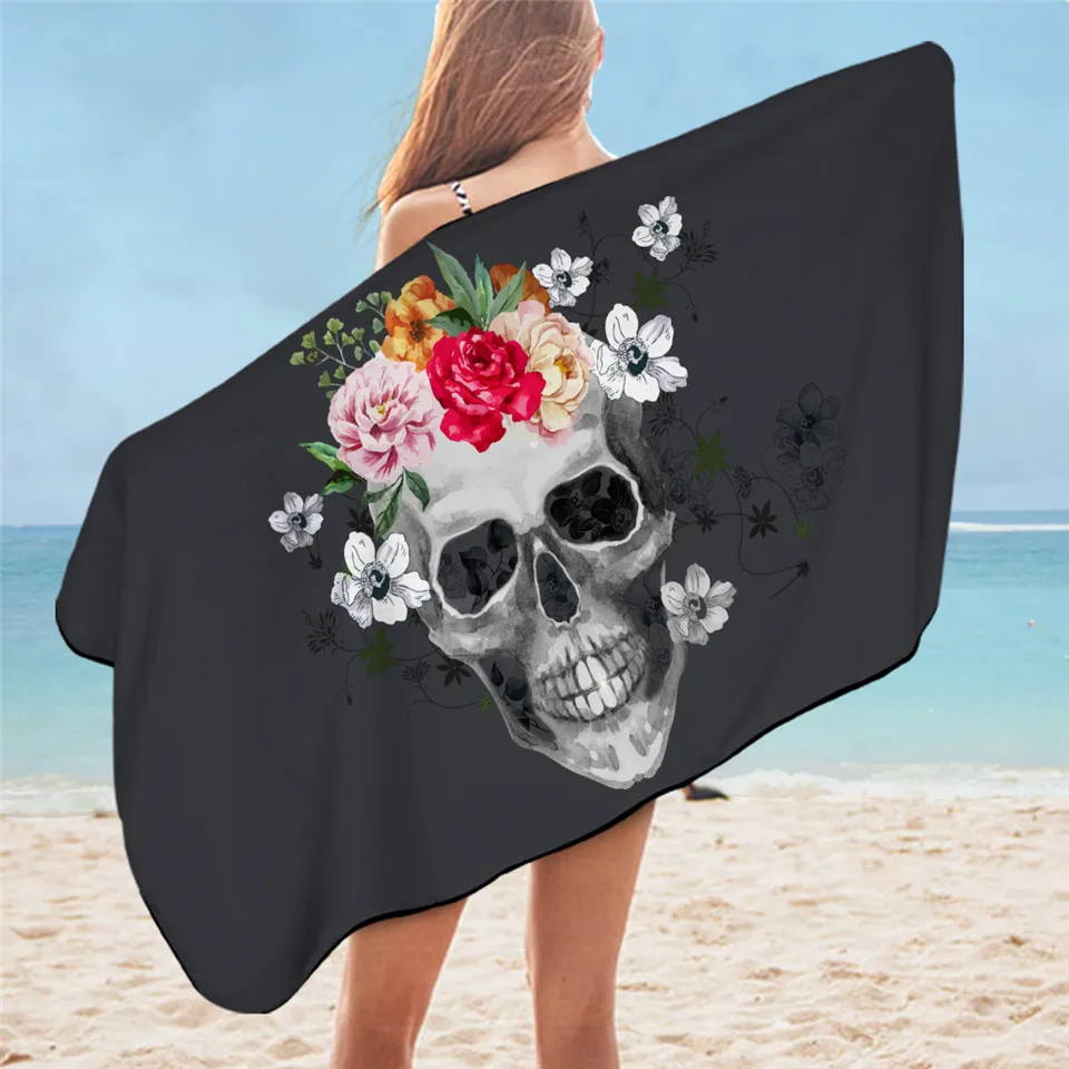 BeddingOutlet Sugar Skull Bath Towel Bathroom Microfiber Gothic Floral Beach Towel Pink Rose Rectangle Black Yoga Mat 75cmx150cm