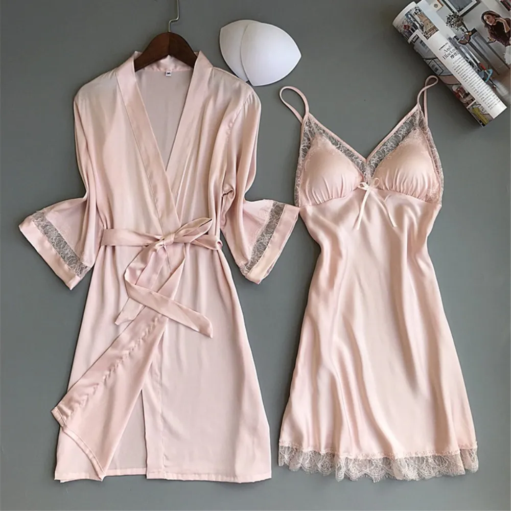 Two piece loose split robe set 2018 Autumn winter lace splice sexy silk ...