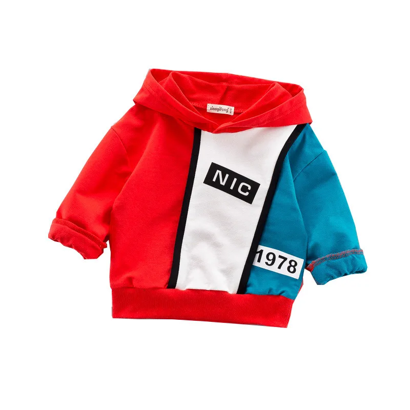 

Cotton Hooded Boys Sweatshirts Red Blue Yellow Striped Patchwork Kids Hoodies Sportswear Infant Clothing Casual Baby Hoodie Tops