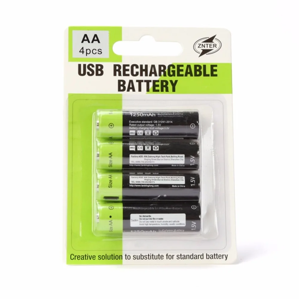 ZNTER AA 1,5 V 1250mAh аккумулятор 2/4 шт USB быстрая зарядка перезаряжаемый литий-полимерный аккумулятор заряжается кабелем Micro USB