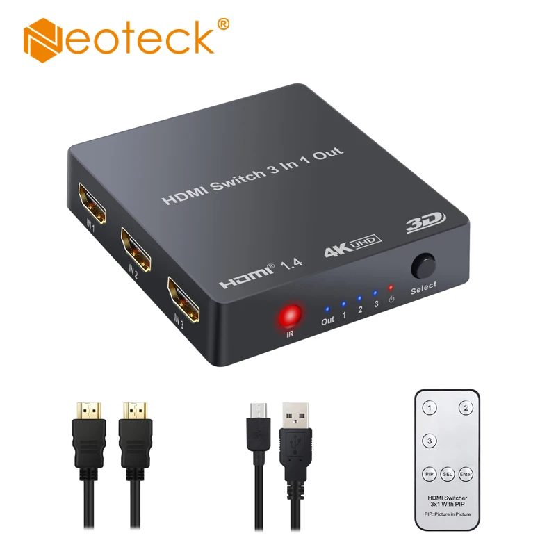 

Neoteck 4K 2160P 3 Ports HDMI Switcher with PIP IR Remote Control for HDTV DVD PS4 High Speed Audio Switcher Converter