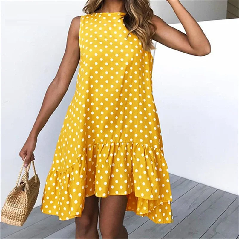 

Sexy Polka Dot Beach Midi Dress Women Ruffles Tank Summer Dress 2019 Sundress Pleated Casual Retro Vintage Loose Short Dresses