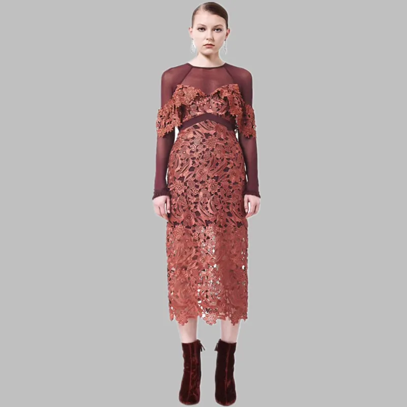 

2019 Spring Lace Dress Work Casual Slim Work Women Party Dresses Sexy Hollow Out Patchwork Vintage Vestidos