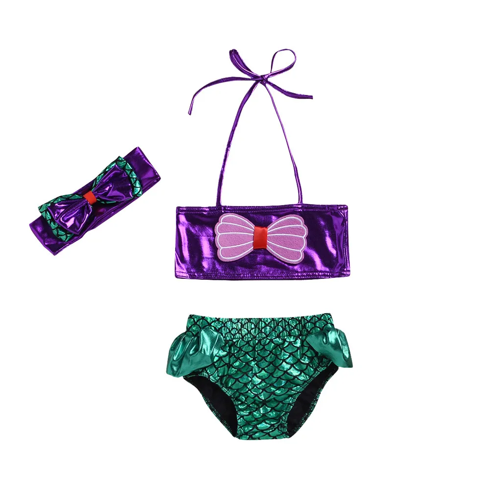 2019 Summer Toddler Kids Girl Bow Two-piece Swimwear Fluorescent Fish scale printed Halter Swimsuit Bathing Suit Hairband Set | Мать и