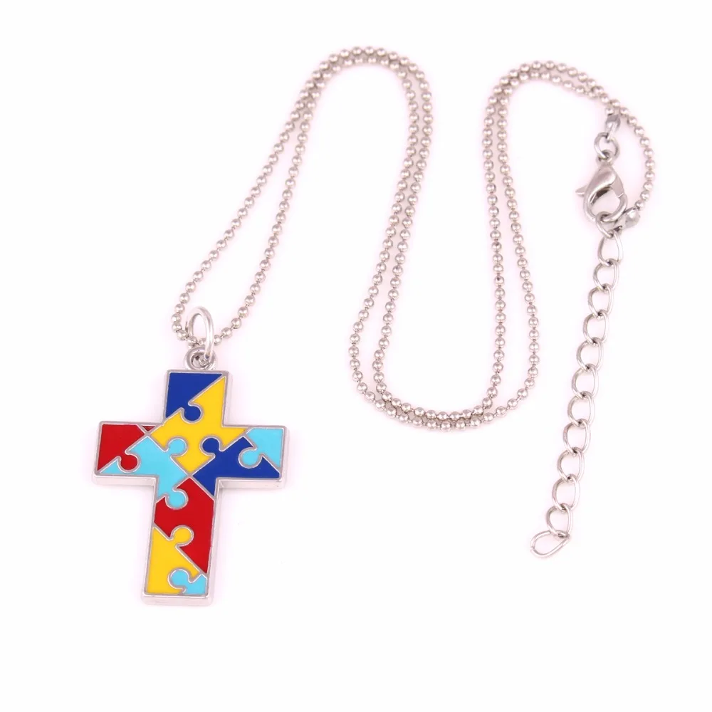 Autism Awareness Identification Necklace Hope Cross Puzzle Piece
