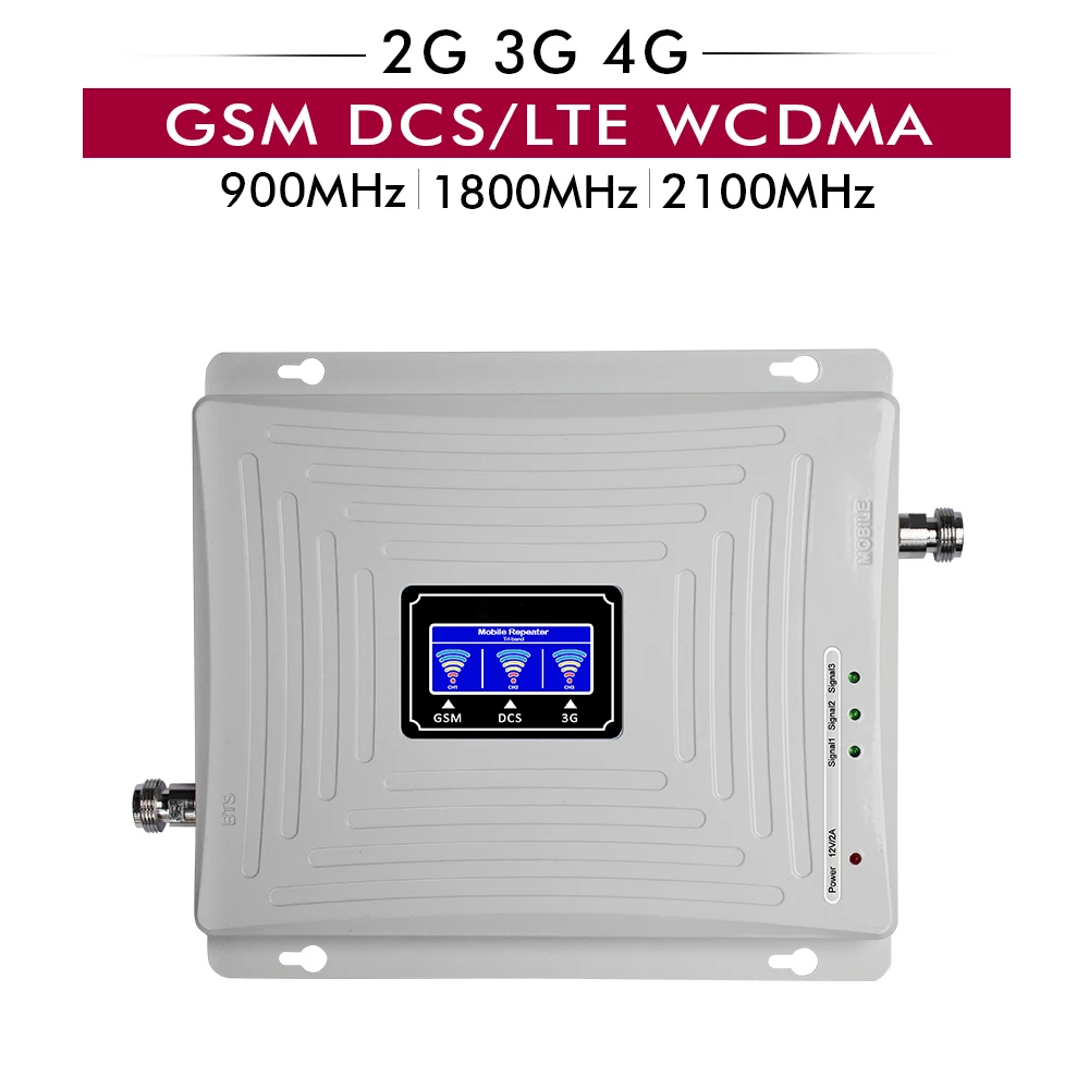 

Gain 65dB Tri Band Booster GSM 900 DCS/LTE 1800 WCDMA UMTS 2100MHz 2G 3G 4G Mobile Cellular Cell phone Signal Repeater Amplifier