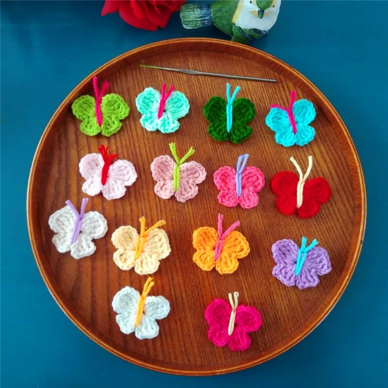 

2018 new design 10 pcs high quality cotton crochet butterfly as clothes patches colorful applique for decoration sewing on flowe