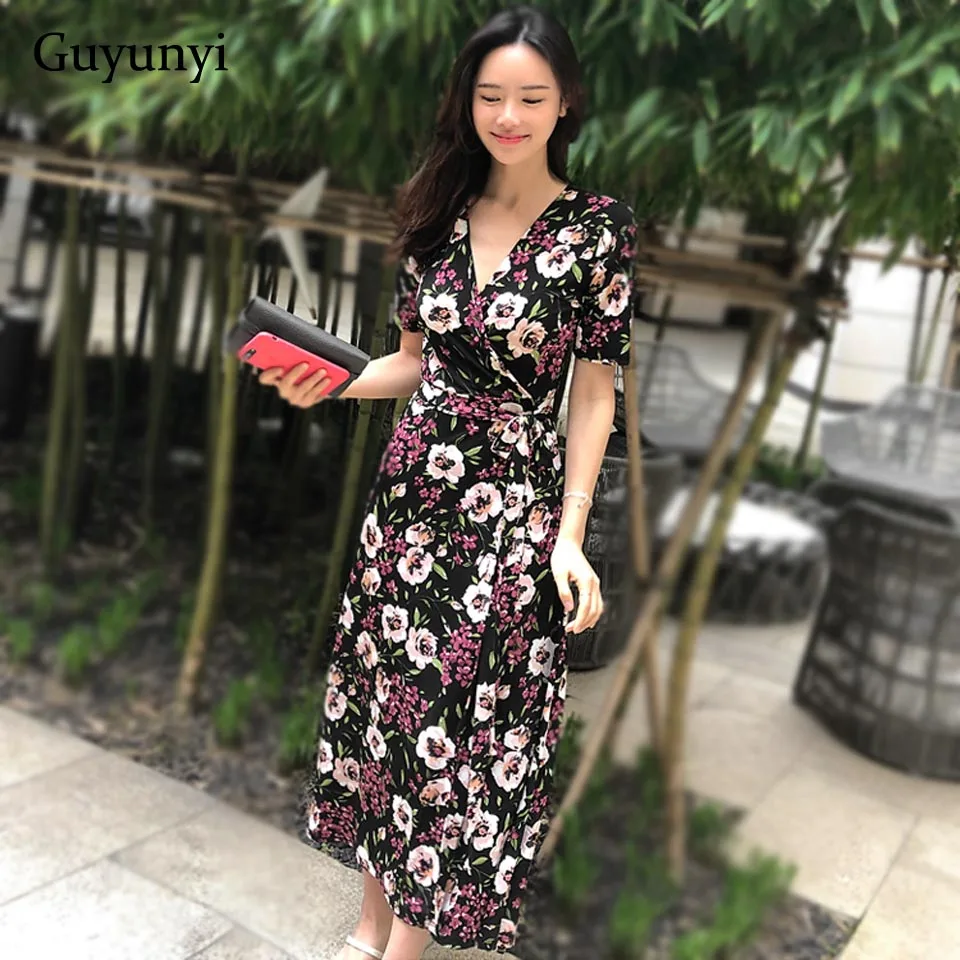 

Bohemian Beach Holiday Dress 2019 Summer Small Sexy V-Neck High Waist Wrap Flowers Elegant Party Dress Woman