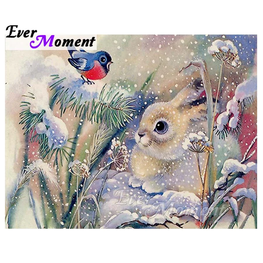 Ever Moment Diamond Embroidery Rabbit Bird Animal Snow Diamond Painting Picture Mosaic 5d Diy Rhinestone Home Decoration S2f005 Diamond Painting Cross Stitch Aliexpress