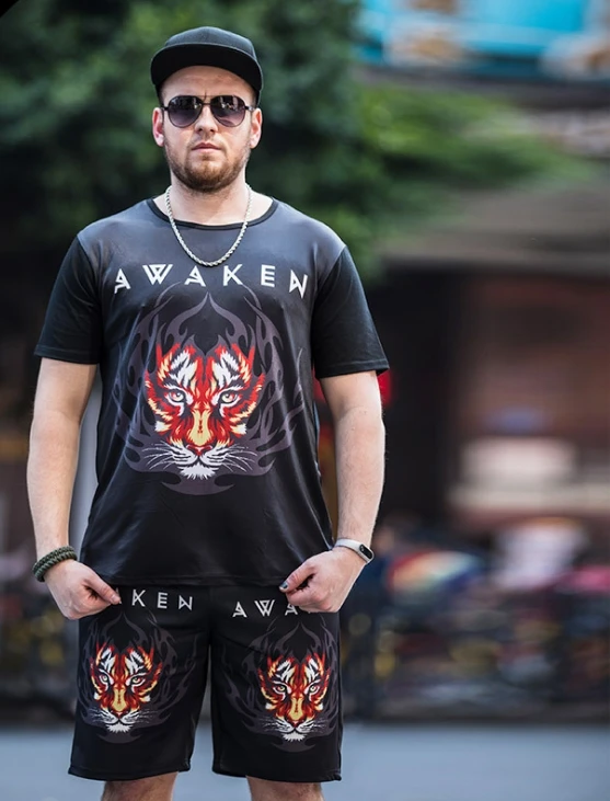 

La MaxZa Large Size T Shirt Set 2018 summer new flower printing casual men's short-sleeved t-shirt suit quick-drying Set