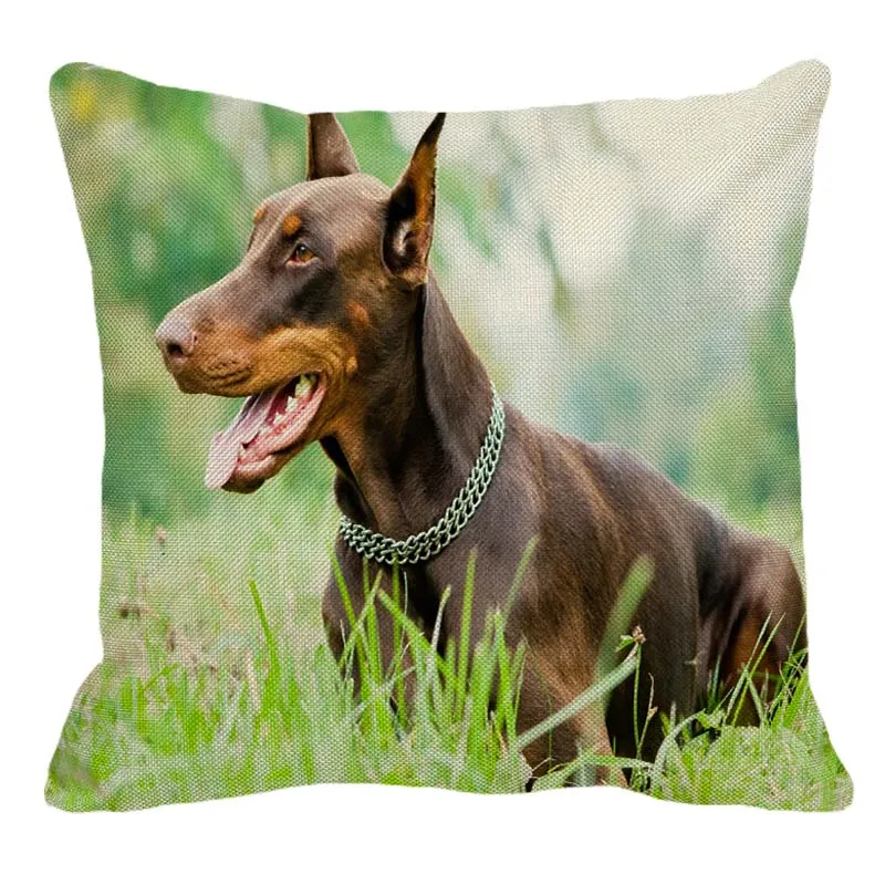 

XUNYU Cute Doberman Dogs Pattern Linen Pillow Case Home Sofa Square Decorative Pillows Cover Animal Cushion Cover 45X45cm AC090