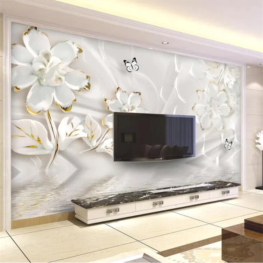 Custom wallpaper 3d photo mural embossed elegant white jewelry flower decorative wall papers home decor | Обустройство дома