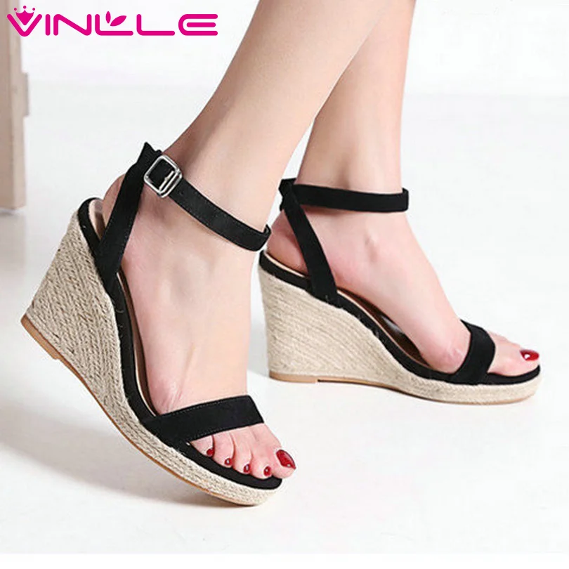 

VINLLE 2017 Women Pumps Platform Summer Ankle Strap Shoes Wedges High Heel Pumps PU Genuine Leather  Women Shoes Size 34-39