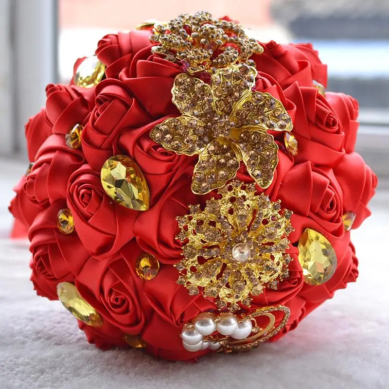 Горячая Великолепная Золото Броши Свадебный букет шелк букет невесты из роз Стразы Красочные невесты букет с жемчугом