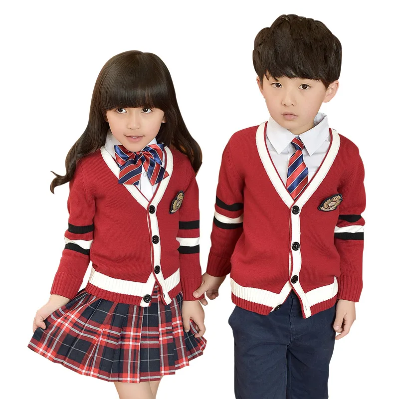 Г., модный детский костюм для школьной униформы хлопковый свитер с v-образным вырезом для девочек и мальчиков, рубашка, юбка, штаны комплект с галстуком, Униформа, От 2 до 10 лет - Цвет: Красный