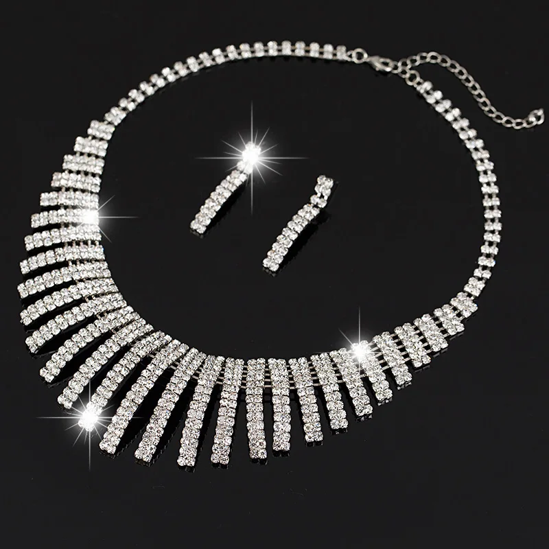 New Silver Plated Bridal Jewelry Sets Rhinestone Crystal Choker Necklace Earrings Set Wedding Accessories Parure Bijoux Femme