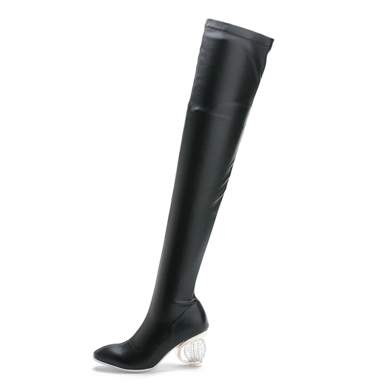 REAVE CAT NeW Women Thigh High Boots clear thick high heels PU leather slim leg over the knee boots long booties