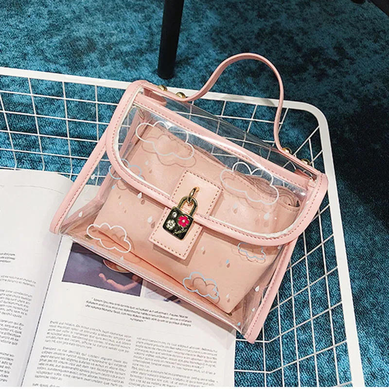 Carino Canta Da Del 2018 Grande Stampa Bag Spiaggia Di Bag Plastica yellow Pu Messager Shoulder pink white Gelatina Borse Black Sacchetto Tracolla Bag A Donna Trasparente Borsa Bottiglia Bag Nube Estate S603 qOY1tH