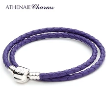 ATHENAIE фиолетовый двойной плетеный кожаный 925 пробы серебряный браслет с застежкой Размер 13,39 дюйма Подходит для европейских бусин
