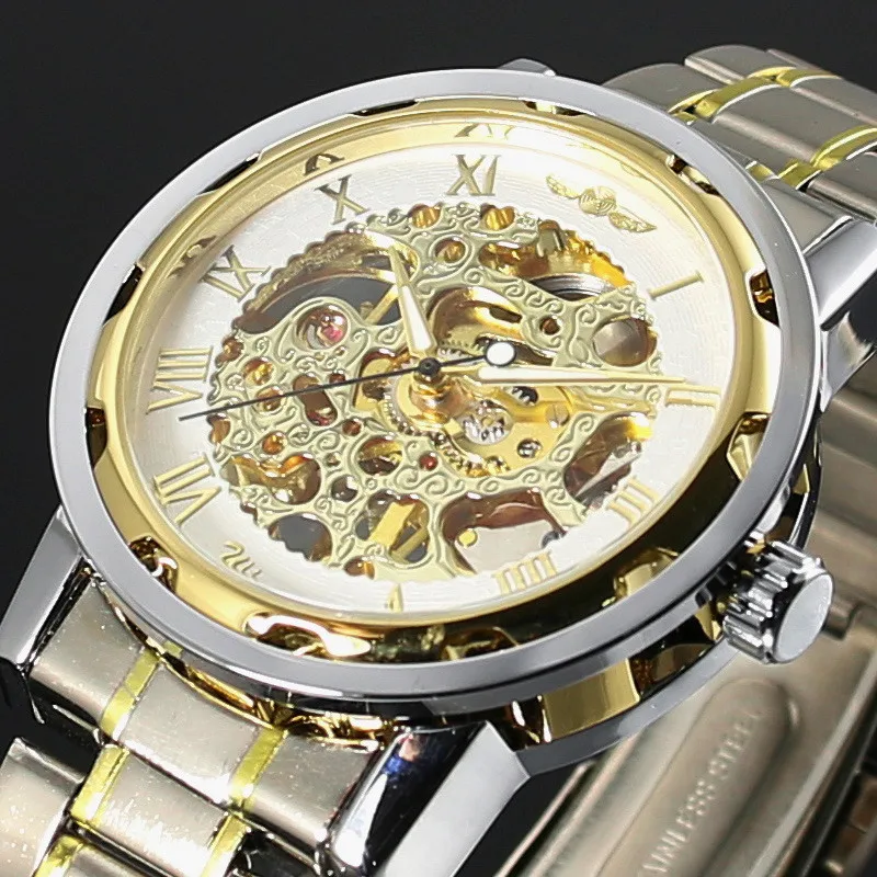 الفائز الذهب الرجال الهيكل العظمي الميكانيكية ووتش الصلب stainess الصلب اليد الرياح ساعات شفافة Steampunk Montre أوم ساعة اليد