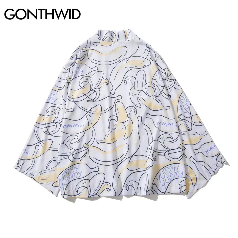 GONTHWID банан печати японское кимоно кардиган Haori куртки летние мужские Harajuku