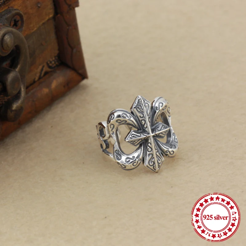 

s925 sterling silver men's ring jewelry vintage personality unique hip-hop pierced cross punk style couple open ring send lover