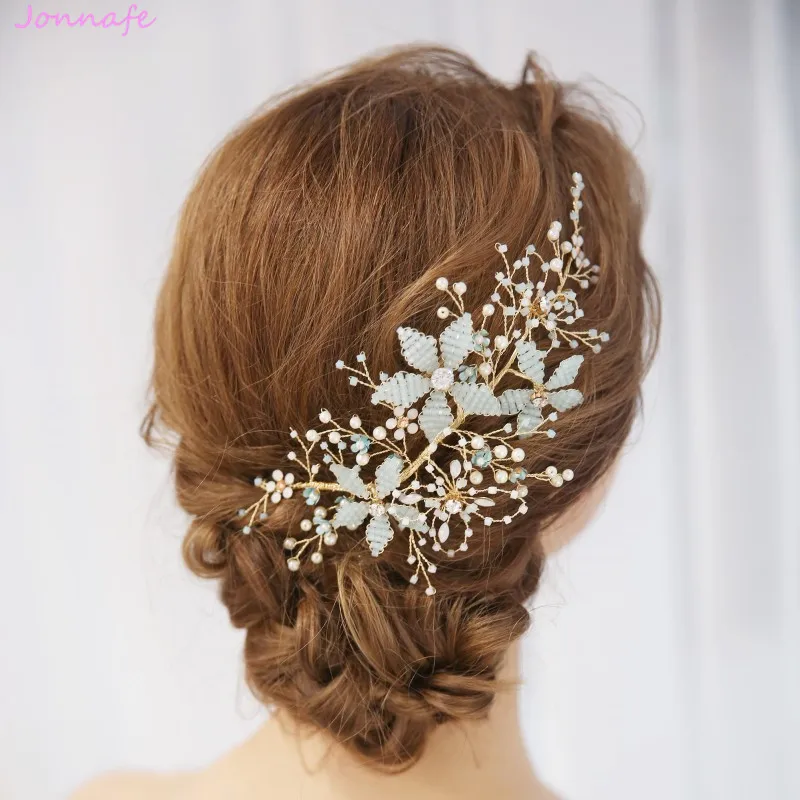 

Jonnafe Charming Beaded Flower Wedding Hair Vine Piece Gold Bridal Comb Accessories Bridesmaid Hair Jewelry Women Prom Headpiece