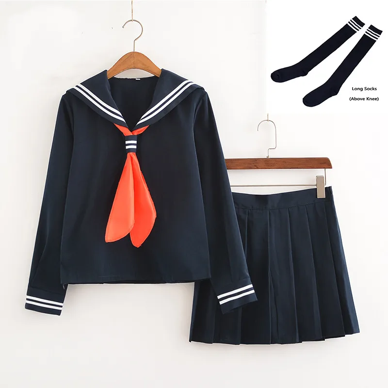 Navy Set With Socks UPHYD Лидер продаж Аниме Школьная форма Косплей Японская Школьница морской моряк школьная форма с красным шарфом JK Униформа LYX0701 - Цвет: Navy Set With Socks