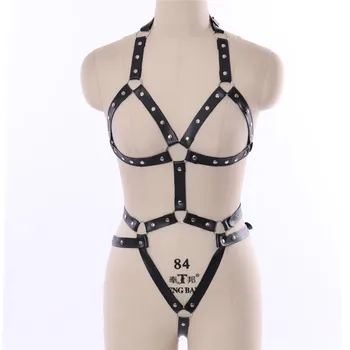 

Leather Set Halter Belts Body Bondage Lingerie Bra with Pantie Gothic Harness Rivet Cage Harness Women Costume Black