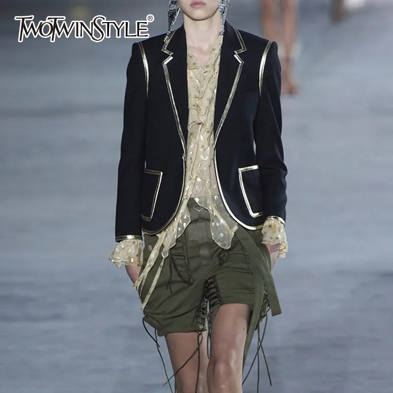 Ceny TWOTWINSTYLE Trzy Kawałki Ustawić Kobiet Szczupła Z Długim Rękawem Blazer Z Ruffles Dot Szyfonowa Bluzka Bandaż Wysokiej Talii Szorty W Stylu Vintage