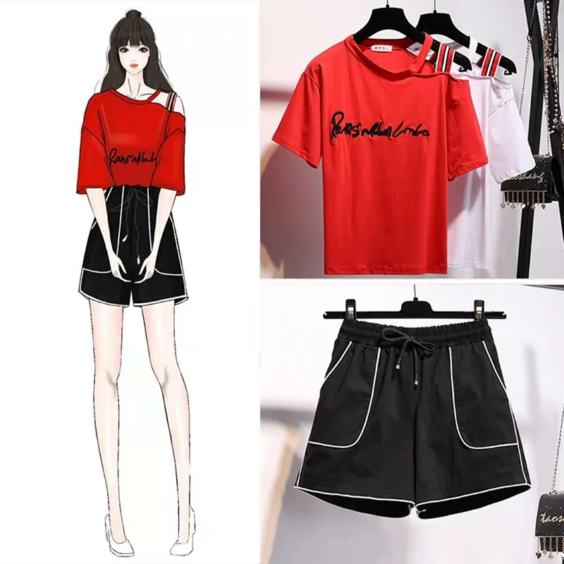 

Fashion suit female summer 2019 new women's careful machine loose short-sleeved shorts two-piece casual suit plus size 5XL shein