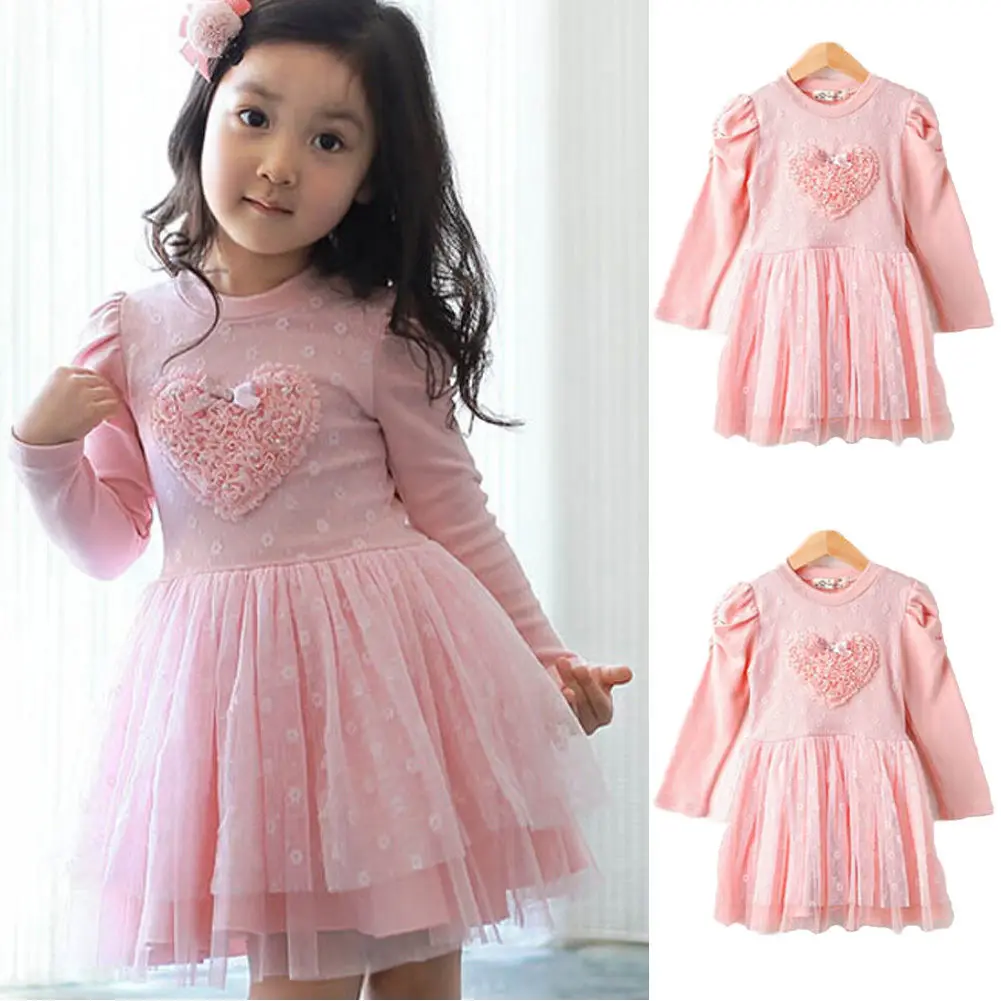 

Floral Print Sweet Princess Infant Baby Girls Dress 2-7Y Lace Long Sleeve Knee-Length Tutu Pink Party Dress Autumn Clothes