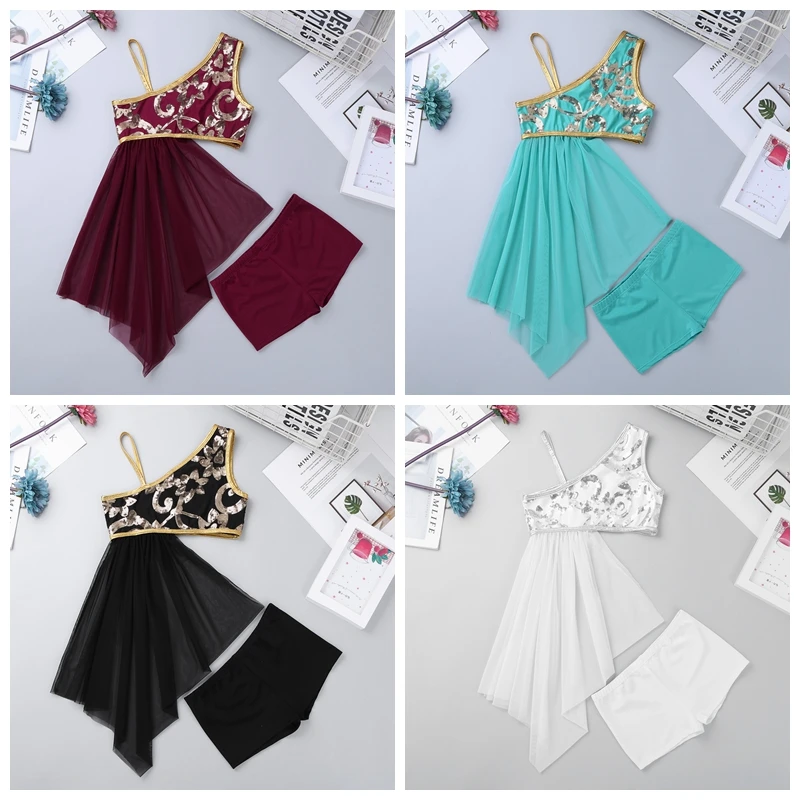 

2Pcs Open Drap Skirt with Separated Bottom Set Sequins Side Waist Kids Girls Dance Dress for Lyrical Modern Dance Costumes