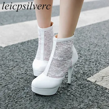 

Women Boots Spring Autumn Super High Heel Round Toe Zipper Ankle Patchwork Thin Heel Simple and Versatile Sexy New Fashion White