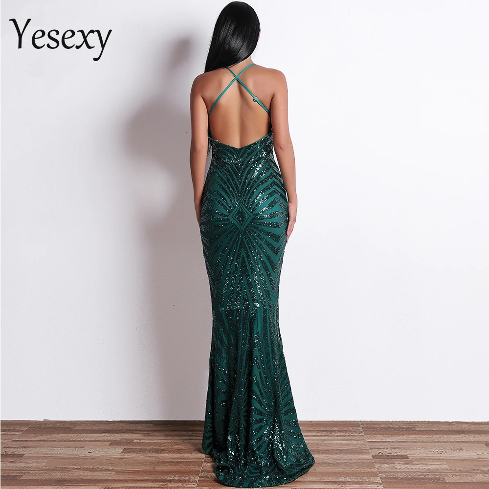 Yesexy, летнее Сексуальное Женское Платье для вечеринки, глубокий v-образный вырез, элегантное ретро платье с открытой спиной, с блестками, облегающее Макси платье для вечеринки, vestidos VR8928-3