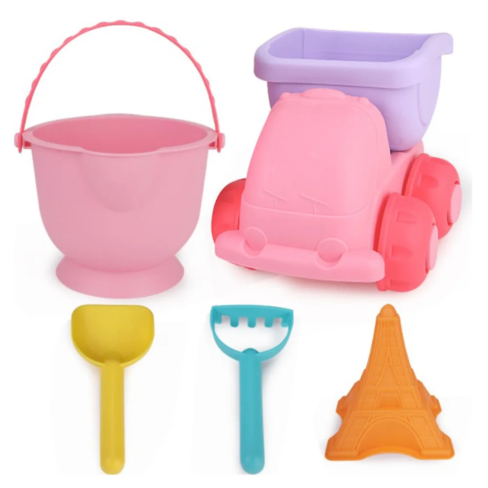 Best  5pcs soft silicone beach sand toys for children SandBox Set Sea sand bucket Rake play and fun Shove