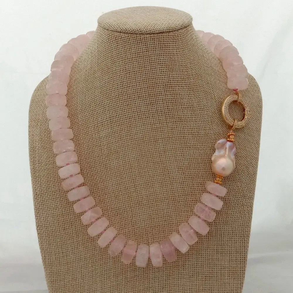

Women's 20'' Rose Crystal Faceted Rondelle Pink Keshi Pearl Necklace